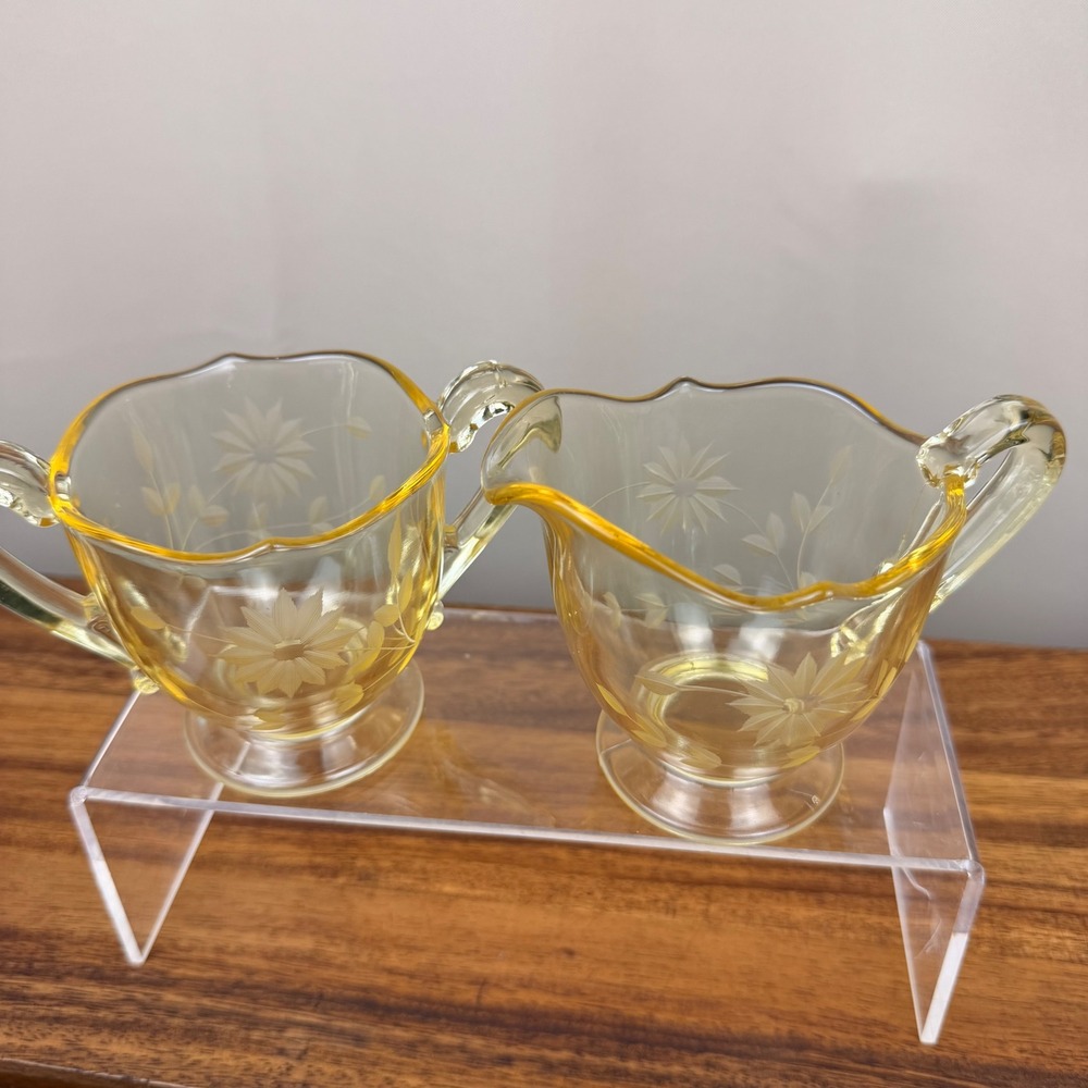 Lancaster Jubilee Yellow Glass Creamer and Sugar Bowl Set Vintage Etched Floral